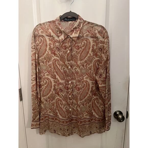 Vintage Burberrys Women's Paisley Brown Sheer 14 Button Down Shirt Corpcore boho - Picture 1 of 8